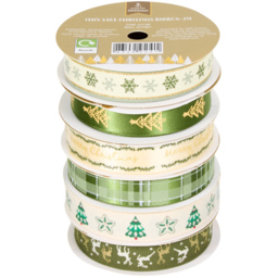 Pack of 3 Thin Sage Christmas Ribbons - Sage Green - thumbnail 1