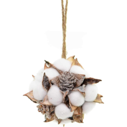 Shatchi White and Brown Handmade Cotton Ball and Pine Cone Christmas Decoration 10cm