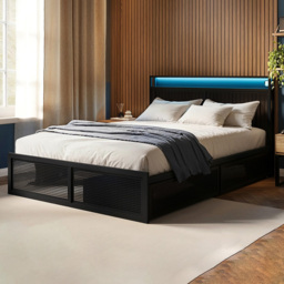 Flair Callan Black Small Double Metal Bed Frame with Storage and LED Headboard - thumbnail 1