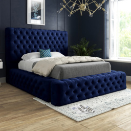 Grand Milan Blue Small Double Upholstered Bed Frame with Pleated Chesterfield Headboard - thumbnail 1