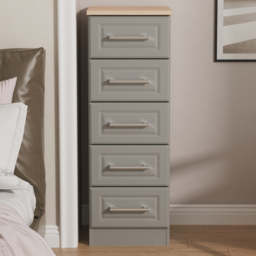 Crowndale Kent Dusk Grey and Bardolino Oak 5 Drawer Tall Bedside Cabinet Ready Assembled - thumbnail 1