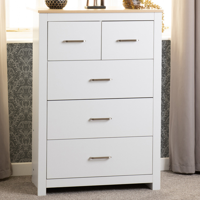 Seconique Portland 5 Drawer White and Oak Effect Chest of Drawers - image 1