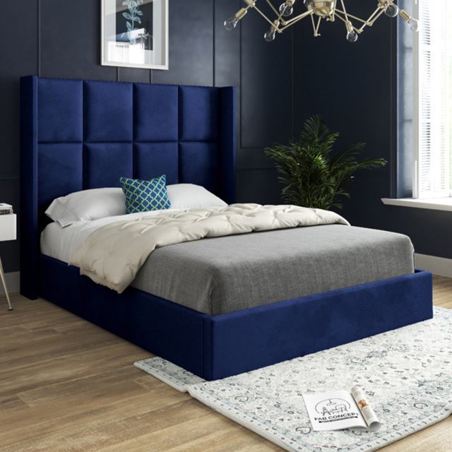 Quanta Small Double Blue Soft Velvet Upholstered Bed Frame with Straight Winged Headboard - image 1