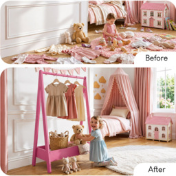 Junior Vida Pink Pine Wood Kids Clothes Rack with Storage Shelf - thumbnail 4