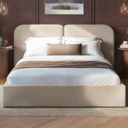 SOLACE+CO Lena Beige Double Velvet Ottoman Bed