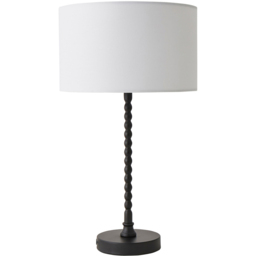 ValueLights Maeve White Fabric Drum Shade Matte Black Bobbin Bobble LED Table Lamp