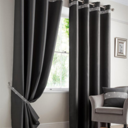 Alan Symonds Palace Plain Thermal Ring Top Eyelet Curtains with Diamante Band Charcoal 117 x 183cm