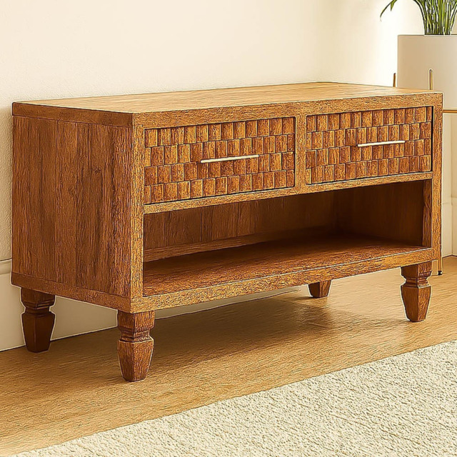 Artisan Furniture Cadiz Carved Natural Grain 2 Drawer Single Shelf Mango Wood Entryway Shoe Cabinet - image 1