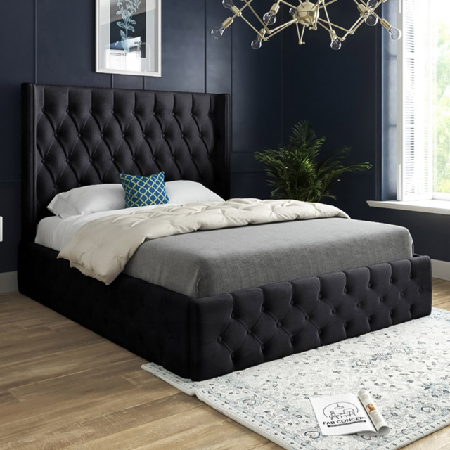 Turin Single Black Soft Velvet Upholstered Bed Frame with Straight Winged Headboard - image 1