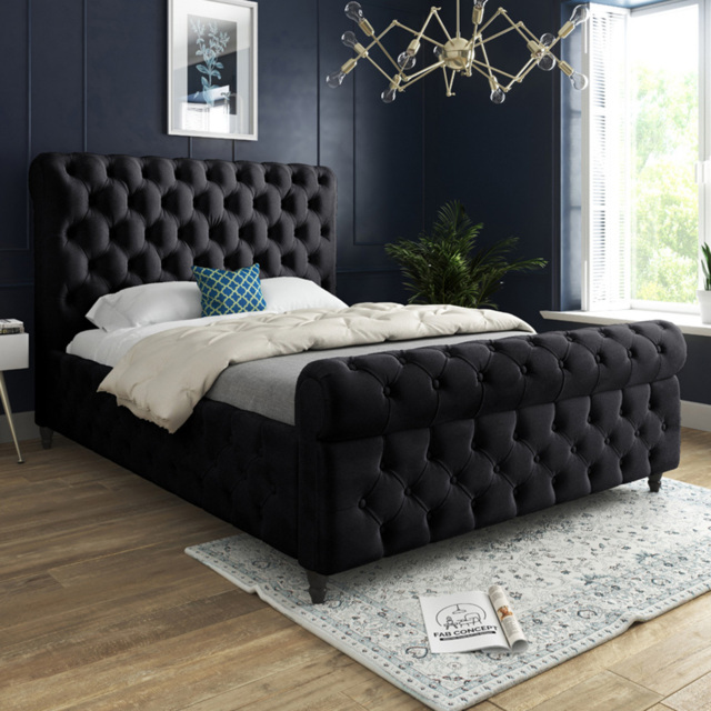 Savana Small Single Black Soft Velvet Upholstered Sleigh Bed Frame with Scrolled Headboard - image 1