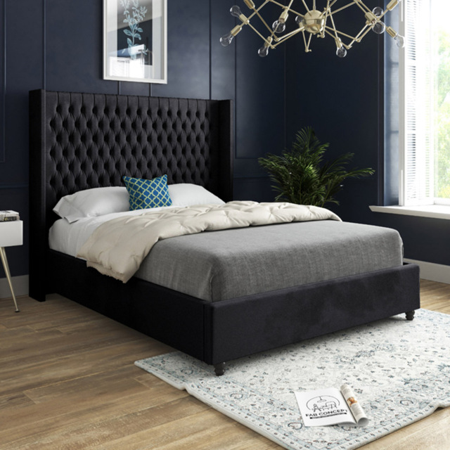 Volta Super King Size Black Soft Velvet Upholstered Bed Frame with Straight Winged Headboard - image 1