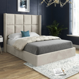 Quanta Small Double Silver Soft Velvet Upholstered Bed Frame with Straight Winged Headboard