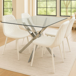 Kosy Koala 4 Seater Glass and Leather Rectangle Dining Table Set Chrome and White