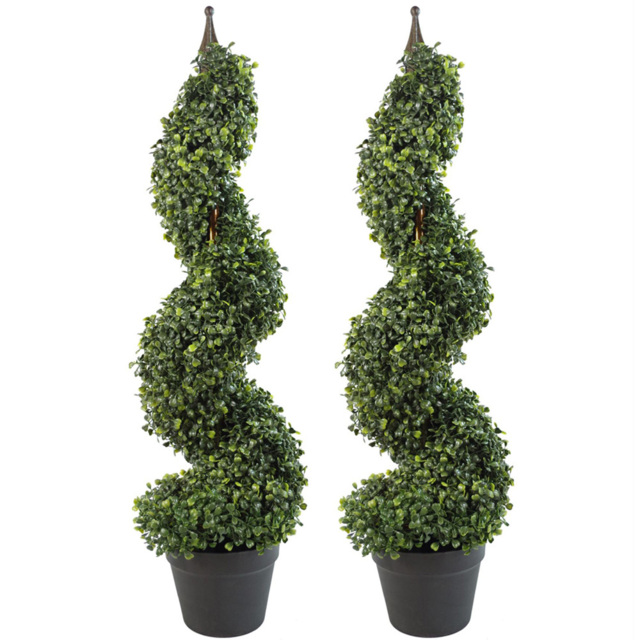 Leaf Boxwood Spiral Topiary Tower Artificial Tree Pot 3ft 2 Pack - image 1