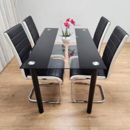 Kosy Koala 4 Seater Glass and Faux Leather Striped Design Dining Set Black and White