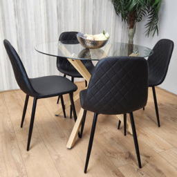 Kosy Koala 4 Seater Glass and Faux Leather Gem Pattern Round Dining Set Black