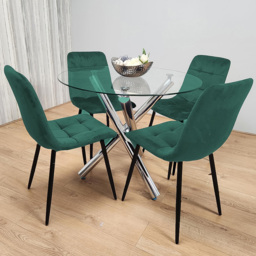 Kosy Koala 4 Seater Glass and Velvet Round Dining Table Set Chrome and Green