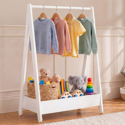Junior Vida White Pine Wood Kids Clothes Rack with Storage Shelf
