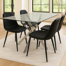 Kosy Koala 4 Seater Glass and Leather Rectangle Dining Table Set Chrome and Black