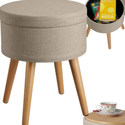tectake Yara Padded Sand Linen Round Stool with Storage - thumbnail 2