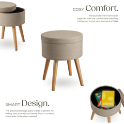 tectake Yara Padded Sand Linen Round Stool with Storage - thumbnail 3