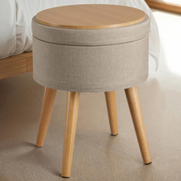 tectake Yara Padded Sand Linen Round Stool with Storage
