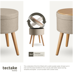 tectake Yara Padded Sand Linen Round Stool with Storage - thumbnail 4
