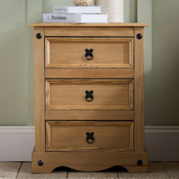 Corona 3 Drawer Brown Pine Wood Large Bedside Table