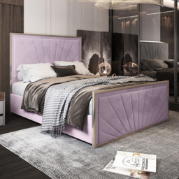 Roxy Super King Size Pink Soft Velvet Upholstered Metal Bed Frame with Chevron Headboard