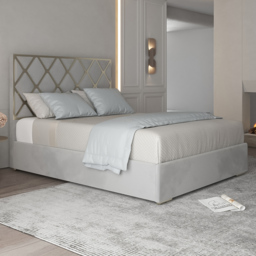 Tammy Double Grey Soft Velvet Upholstered Metal Bed Frame with Panelled Headboard - thumbnail 1