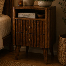 Artisan Furniture Reeve Dark Brown 2 Drawer Single Shelf Solid Wood Bedside Table - thumbnail 1