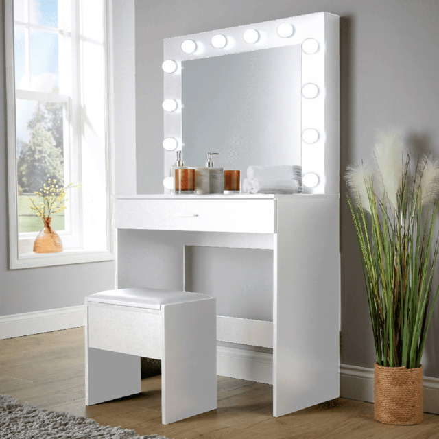 Home Source Ella White Single Drawer Dressing Table Set with LED Mirror - image 1