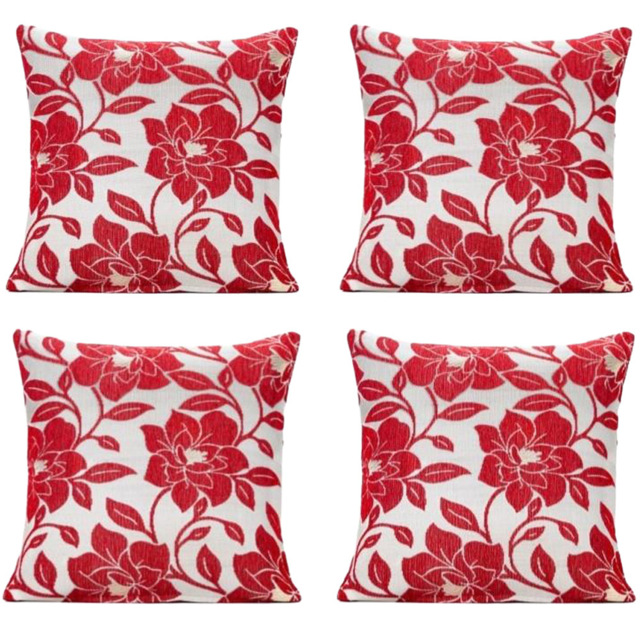 Alan Symonds Chenille Red Peony Floral Cushion with Polyester Filled Pad 45 x 45cm 4 Pack