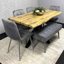 Kosy Koala 6 Seater Velvet Wooden Rectangle Dining Set with Bench Grey - thumbnail 1