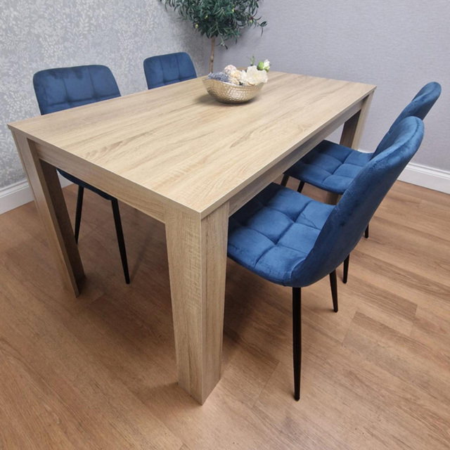 Portland 4 Seater Square Velvet Dining Set Oak Effect and Blue - image 1