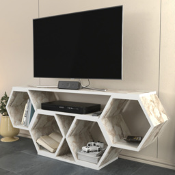 Decorotika Honey White Marble Effect Wide Hexagonal TV Unit - thumbnail 1