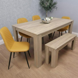 Kosy Koala 6 Seater Faux Leather Dining Bench Set Oak Effect and Mustard