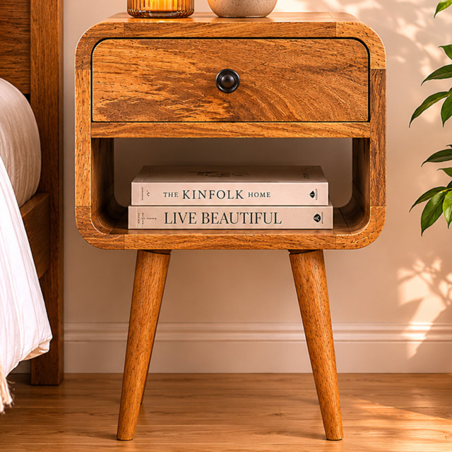 Artisan Furniture Mini Chestnut Single Drawer Single Shelf Mango Wood Curved Lower Bedside Table - image 1
