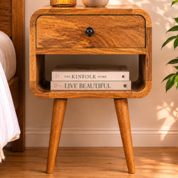 Artisan Furniture Mini Chestnut Single Drawer Single Shelf Mango Wood Curved Lower Bedside Table - thumbnail 1