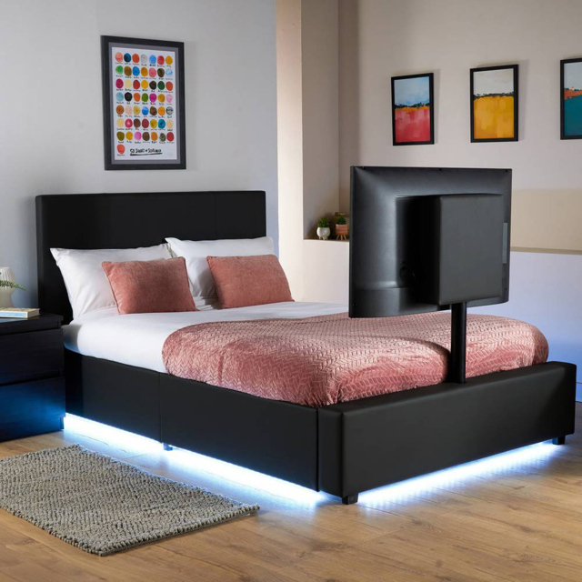 XR Living Ava Black Double PU Upholstered TV Bed with Underbed Lights - image 1