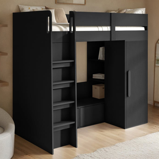 Flair Aspen Black Aspen Single Door Black Ribbed High Sleeper with Wardrobe - image 1