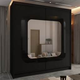 M N Furniture Cheen 2 Door Black Strip Mirrored Sliding Wardrobe 150cm - thumbnail 1