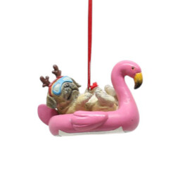 Jingle Bell Boogie Pug Lounging on Pink Flamingo Hanging Christmas Decoration