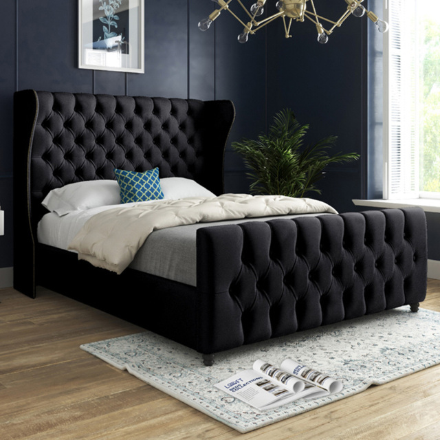 Donati Black Double Velvet Upholstered Bed Frame with Straight Curved Top Headboard - image 1