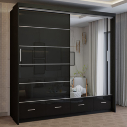 M N Furniture Seliyaa 2 Door 4 Drawer Black High Gloss Sliding Door Wardrobe 203cm