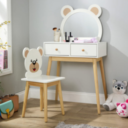 Home Source Ted White 2 Drawer Bear Design Kids Dressing Table Set with Mirror - thumbnail 4