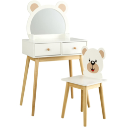 Home Source Ted White 2 Drawer Bear Design Kids Dressing Table Set with Mirror - thumbnail 2