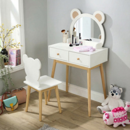 Home Source Ted White 2 Drawer Bear Design Kids Dressing Table Set with Mirror
