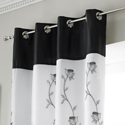 Alan Symonds Tahiti Floral Lined Ring Top Eyelet Voile Curtains Black and White 142 x 229cm - thumbnail 2