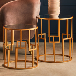 Premier Housewares Avantis Gold Mirrored Top Round Nest of Side Tables Set of 2